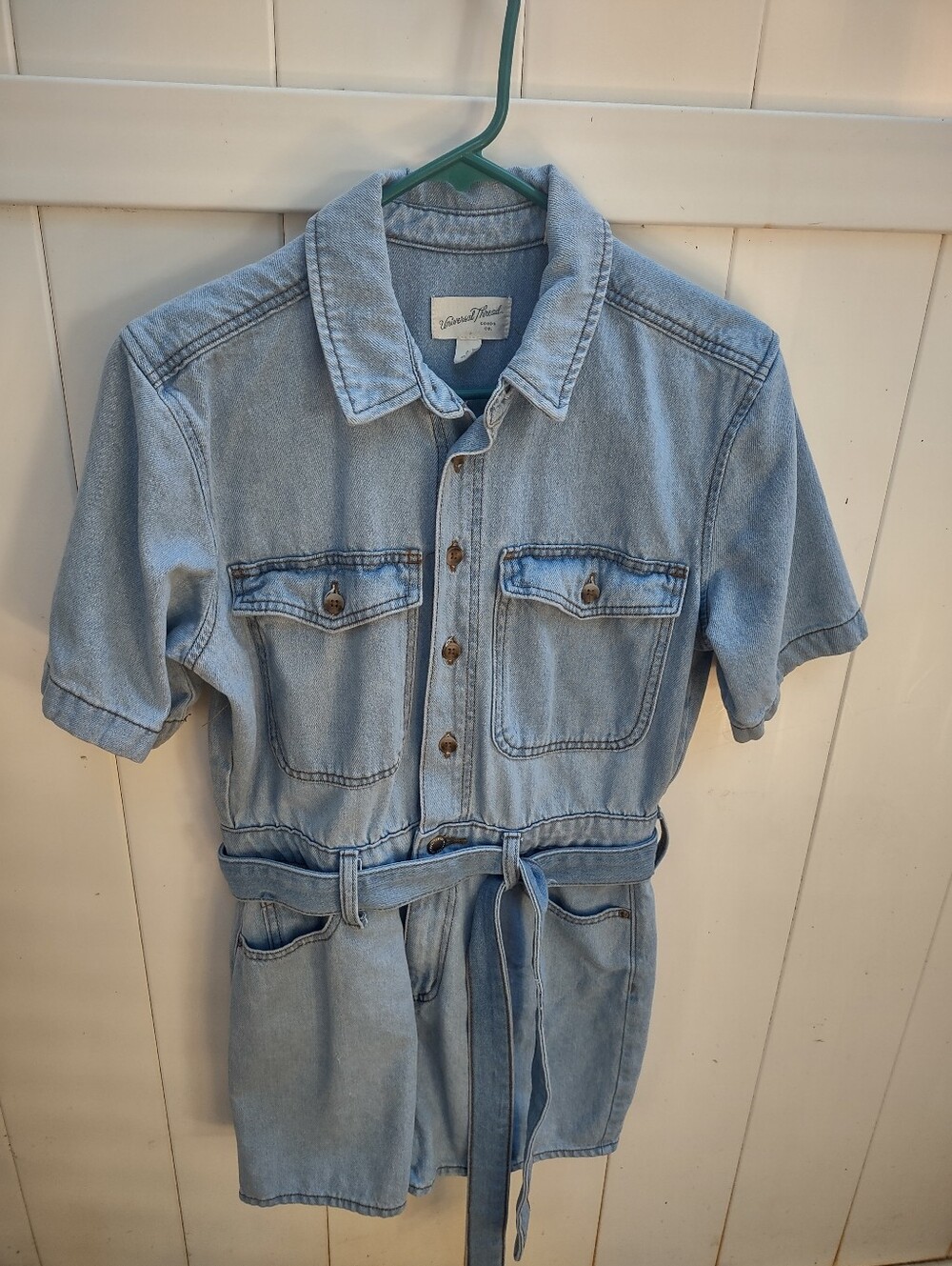 Light Wash Denim Short-Sleeve Button Up Romper with Tie Waist